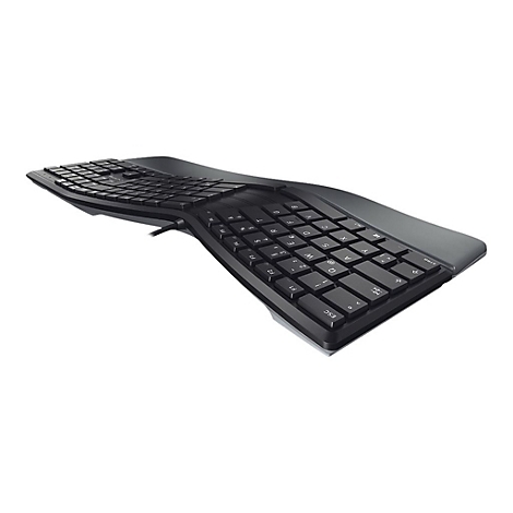 Clavier ergonomique noir ; forme incurvée avec touches séparées, repose-poignet.