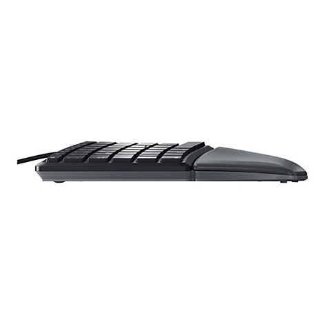 Schwarze ergonomische Tastatur im Seitenprofil, Kabelanschluss links.