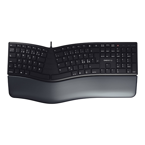 Ergonomische Tastatur in Schwarz mit Handauflage. Die Tasten sind hell beschriftet. Das Cherry Logo ist zu sehen.