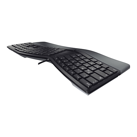 Ergonomische, schwarze Tastatur, gebogen mit geteilten Tasten, Kabelanschluss. Der Hintergrund ist weiss.