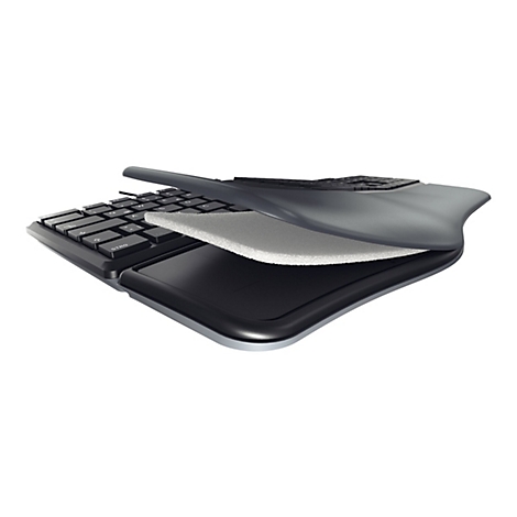 Schwarze Tastatur mit gepolsterter Handballenauflage.