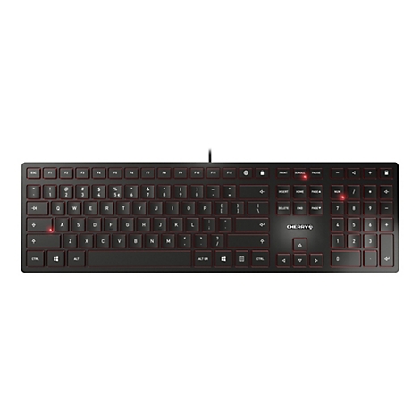 Schwarze Tastatur mit roten Umrissen und beleuchteten Tasten. Das Cherry-Logo ist sichtbar.