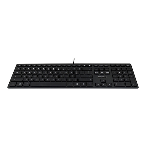 Schwarze Tastatur auf weiÃŸem Grund. Das Kabel befindet sich oben.