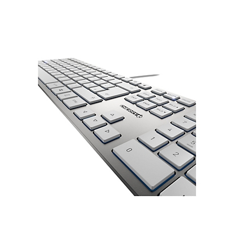 Silberne Computer-Tastatur mit weiÃŸen Tasten, Buchstaben und Zahlen. Die Marke CHERRY ist aufgedruckt.