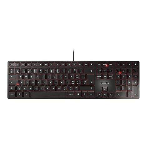 Clavier Cherry noir, lettrage rouge des touches. Le clavier est filaire et posé sur un fond blanc.