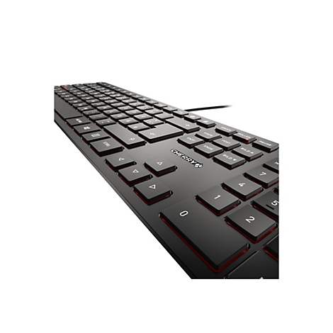 Clavier noir avec des touches rouges et des lettres blanches. Le logo Cherry est placé au milieu.