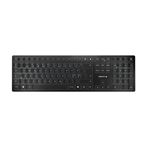 Draufsicht auf eine schwarze Cherry-Tastatur, Buchstaben und Zahlen sind weiß beschriftet.