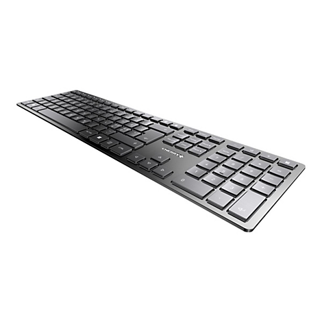 Schwarze Cherry-Tastatur, leicht von oben fotografiert, auf weißem Hintergrund.