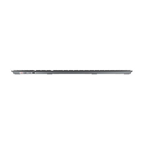 Draufsicht auf eine graue, flache Tastatur. An der Seite befinden sich Anschlüsse und Lichter.