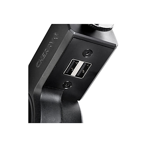 Gros plan sur un composant d'appareil noir avec port USB et lettrage "CHERRY".