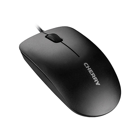 Schwarze Computermaus von Cherry mit Kabel. Das Mausrad und der Firmenname sind deutlich zu sehen.
