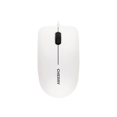 Souris blanche avec molette et logo CHERRY, connexion par câble.