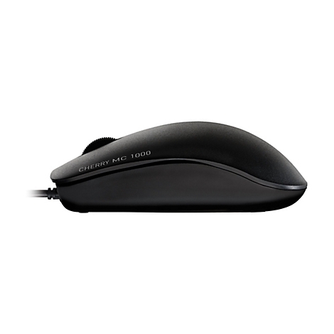 Souris d'ordinateur noire avec l'inscription "CHERRY MC 1000" sur fond blanc.