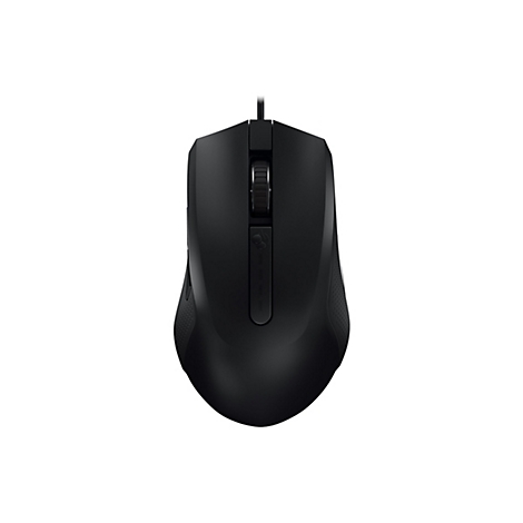 Schwarze Computermaus mit Kabel vor weiÃŸem Hintergrund, zwei Tasten und Scrollrad.
