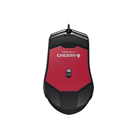 Eine rote und schwarze Computermaus, Cherry MC 3.1, auf weiÃŸem Grund.