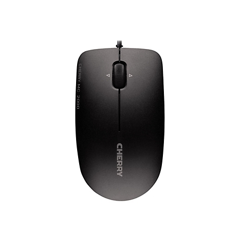 Schwarze Computermaus mit Cherry-Logo und Rollrad. Drahtgebunden auf weißem Hintergrund.