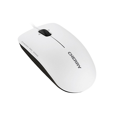 Souris d'ordinateur Cherry blanche avec câble. Logo Cherry gris et inscription CHERRY MC 2000.