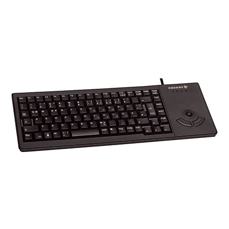 Schwarze Cherry-Tastatur mit integriertem Trackball und Funktionstasten. Das Layout ist deutsch.