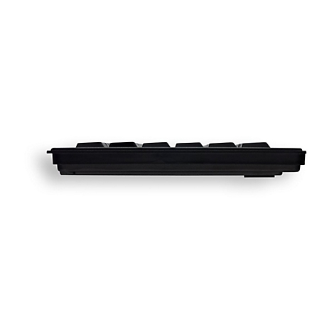 Schwarze Tastatur von der Seite gesehen. Sichtbar sind Tasten, Rahmen und die Unterseite.