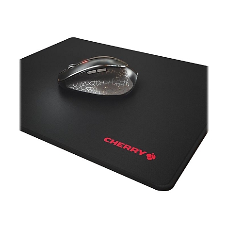 Ein schwarzes Mauspad mit rotem Cherry-Logo und eine Maus.
