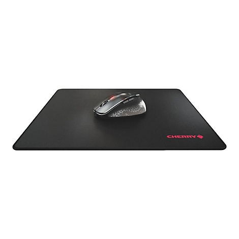 Un tapis de souris noir avec le logo Cherry rouge et une souris sur fond blanc.