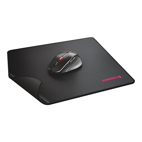 Tapis de souris noir avec souris sans fil. Inscription 'CHERRY' en rouge.