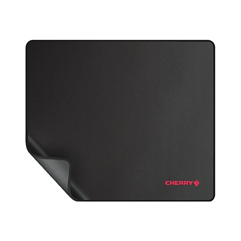 Tapis de souris noir aux coins arrondis. Le mot CHERRY est écrit en rouge en bas à droite.