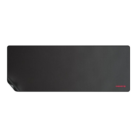 Tapis de souris rectangulaire noir avec le logo "CHERRY" en bas à droite. Le coin inférieur gauche est légèrement enroulé.