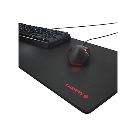 Tapis de souris noir avec clavier et souris. La souris et le tapis portent l'inscription "CHERRY".