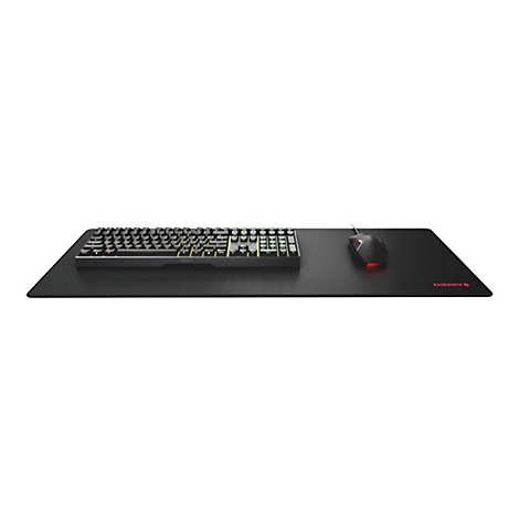 Ensemble de jeu noir avec clavier, souris et tapis de souris sur fond blanc. Le clavier a des touches colorées, la souris brille en rouge.