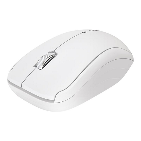 Souris d'ordinateur sans fil blanche. La molette de la souris est argentée. Il y a un petit indicateur LED sur le dessus.