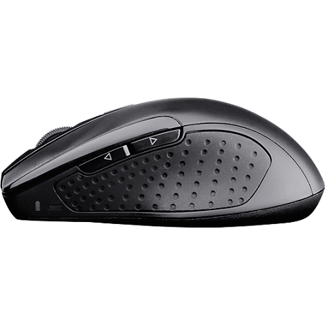 Black computer mouse with perforated sides, scroll wheel, and side buttons.