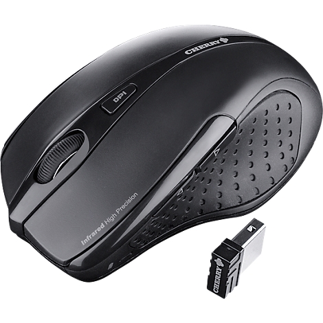 Black wireless computer mouse by Cherry. With DPI button, scroll wheel, and USB receiver. Inscription: Infrared High Precision.