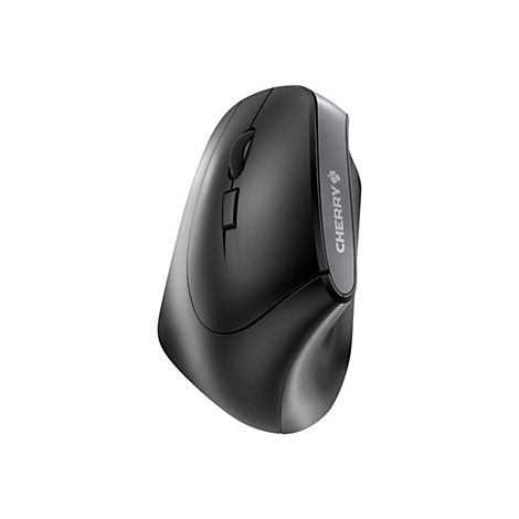 Souris d'ordinateur ergonomique noire, vue latÃ©rale, avec logo Cherry.