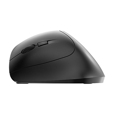 Souris ergonomique noire, vue latÃ©rale. Avec molette et boutons.