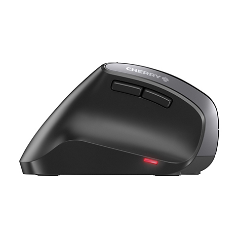 Souris d'ordinateur ergonomique noire. Logo CHERRY en haut, deux boutons. LumiÃ¨re rouge en bas.