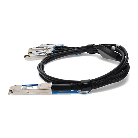 Schwarzes Datenkabel mit mehreren Anschlüssen, die durch Klettbänder zusammengehalten werden. Auf den Anschlüssen befinden sich blaue Aufkleber.