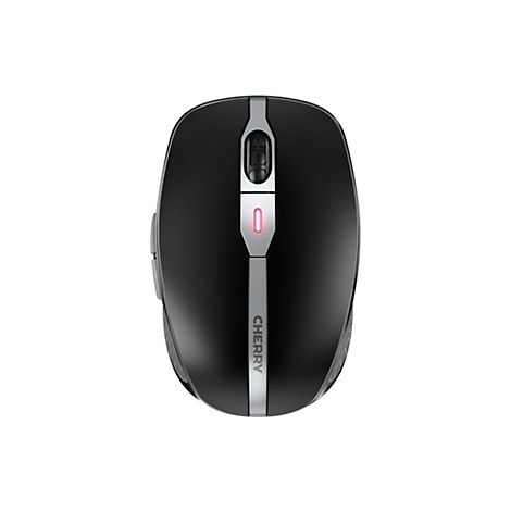 Souris noire sans fil, marque CHERRY, avec des accents argentÃ©s. Une lumiÃ¨re rouge vif est situÃ©e sous la molette de dÃ©filement.