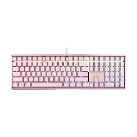 Rosafarbene mechanische Tastatur mit weißer Beschriftung und RGB-Hintergrundbeleuchtung, von oben fotografiert.