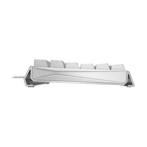 Seitenansicht einer weiÃŸen mechanischen Tastatur. Die Tasten sind sichtbar, das Design ist minimalistisch.