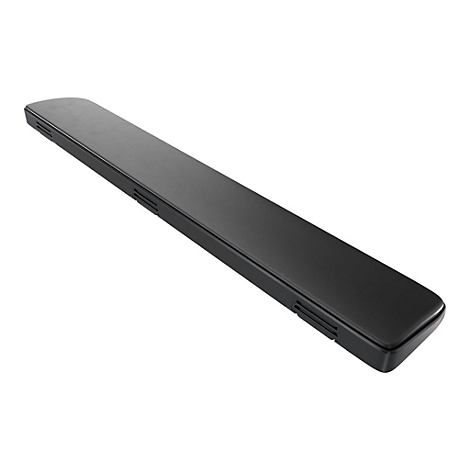 Schwarze Soundbar, länglich und flach, mit seitlichen Lüftungsschlitzen.