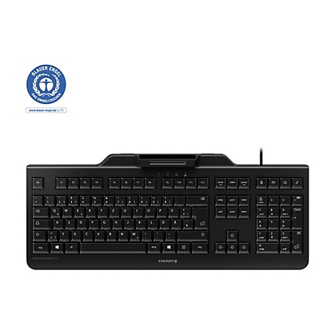 Schwarze Computertastatur mit Blauer Engel-Logo. Tastenbeschriftung ist weiÃŸ. Am oberen Rand befindet sich eine Vorrichtung fÃ¼r ein Mobiltelefon.
