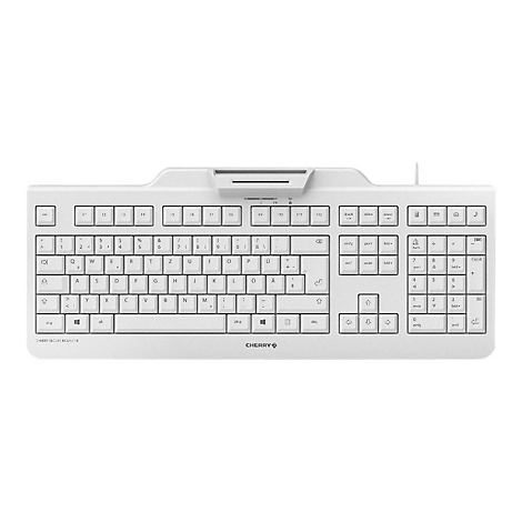 WeiÃŸe Tastatur, oben mittig ein Kartenleser. Der Schriftzug CHERRY ist unten rechts zu sehen.