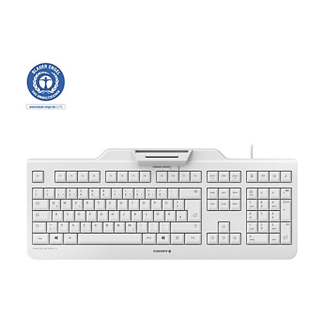 Weisse Computertastatur mit blauer Engel Auszeichnung und CHERRY Logo. Tastenbeschriftung in schwarz.