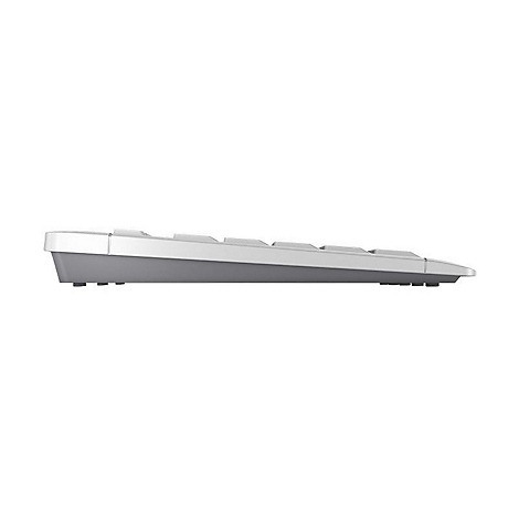 Vue latÃ©rale d'un clavier blanc avec un boÃ®tier gris clair. Les touches sont visibles.