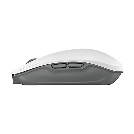 Vue de dessus d'une souris d'ordinateur. Dessus blanc, base grise, deux boutons.
