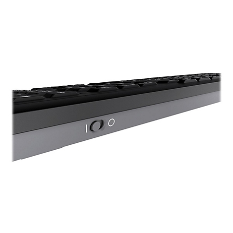 Detailaufnahme einer schwarzen Tastatur. Die Seite zeigt Ein-/Aus-Schalter und Kontrollleuchte.