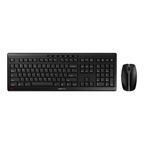 Schwarze Tastatur und Maus auf weiÃŸem Hintergrund. Auf der Tastatur ist das Cherry Logo zu sehen.