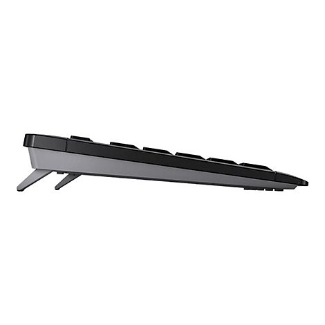 Draufsicht auf eine schwarze Tastatur mit grauen FÃ¼ÃŸen, die leicht angehoben sind. Tasten sind schwarz.