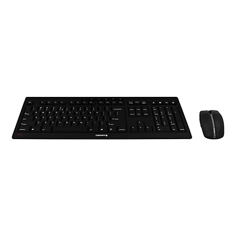 Schwarzes Computer-Tastatur-Maus-Set, Cherry-Logo unten, auf weiÃŸem Hintergrund.